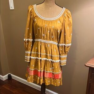 Ulla Johnson Embroidered Mustard Dress with Shell Accents.